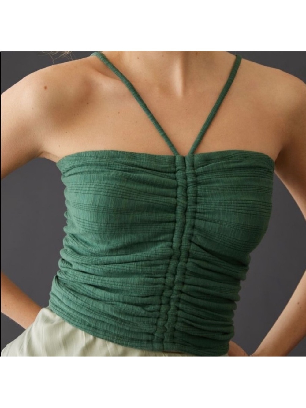 ANtHROPOLOGIE Pilcro Holly Green Ruched Strappy Tank  Ribbed Halter Size Small